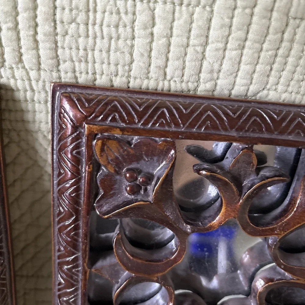 Set Bronze Color Mirrored Wall Plaques w/Floral Scrollwork Boho MCM 5.5